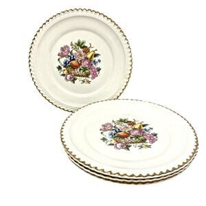 Vintage Mid Century Ambrosia China dessert plates 22kt gold trim floral set of 4